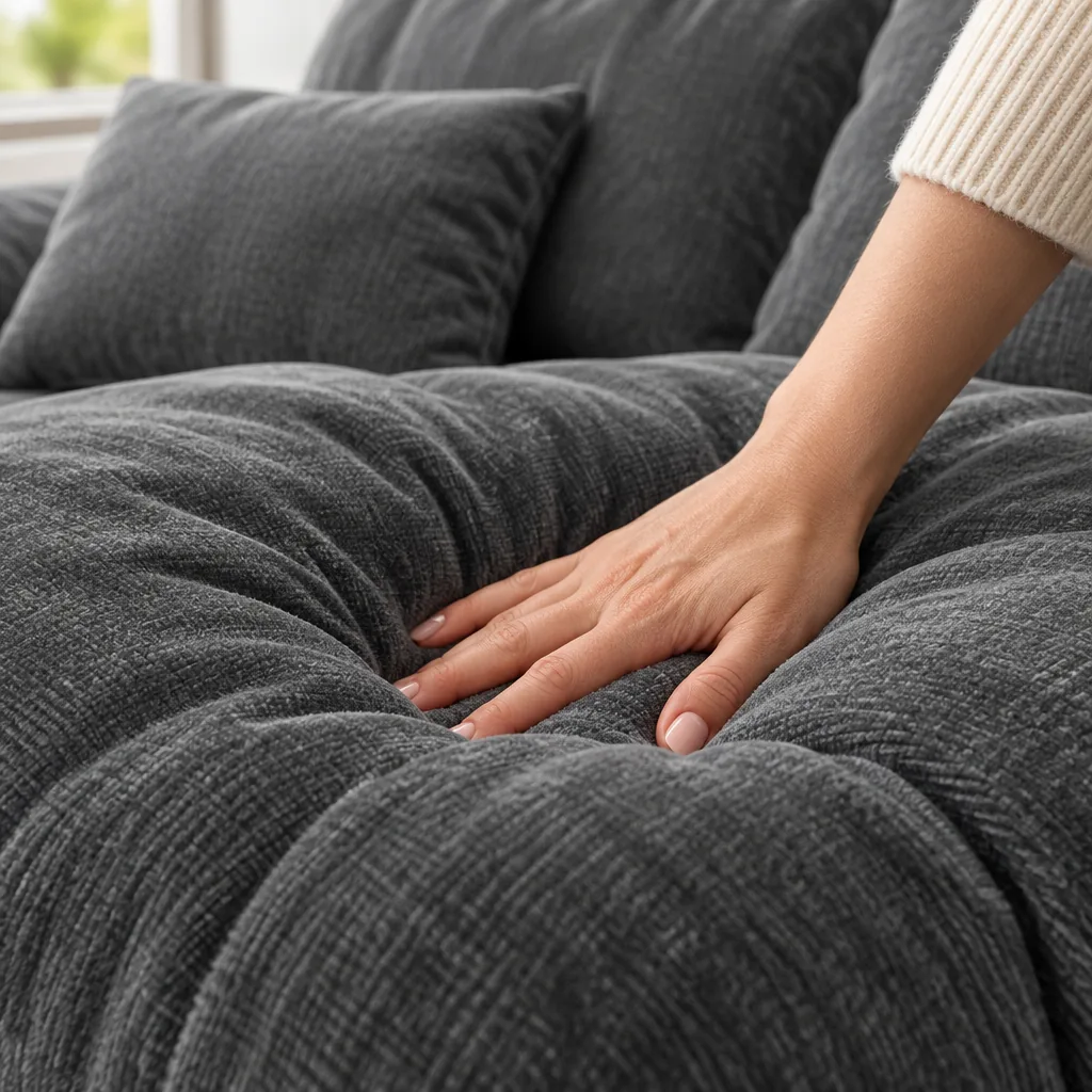 Close-up of a hand pressing into the soft gray chenille cushion