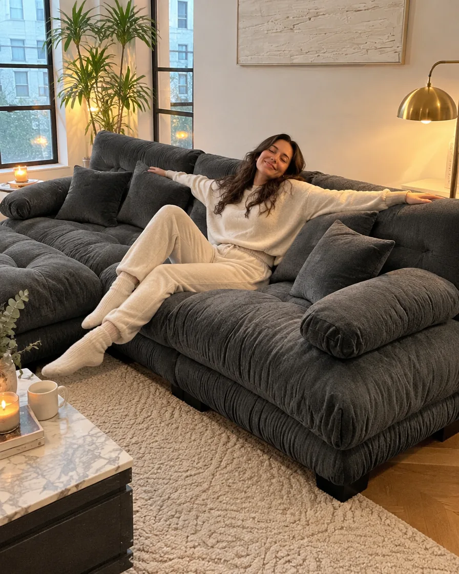 Woman relaxing stretched out on the gray chenille cloud sectional
