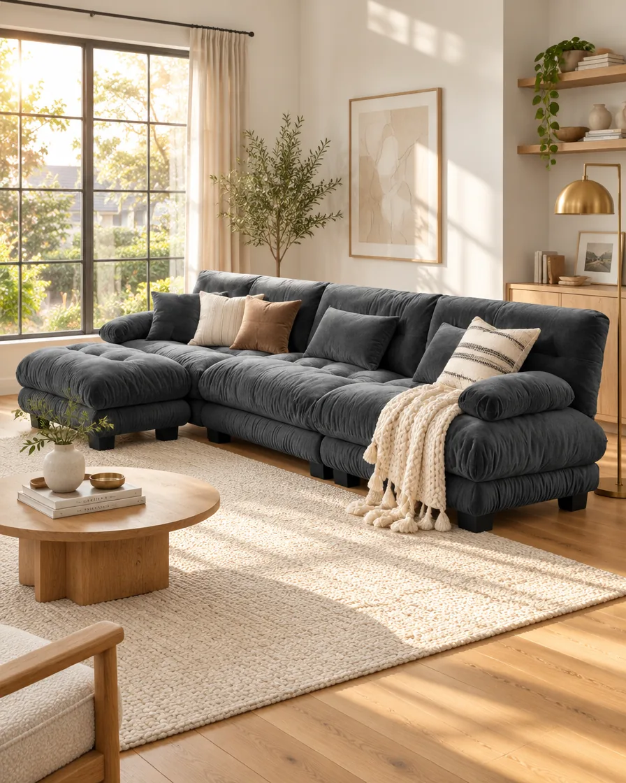 The Cove Cloud Sectional in gray chenille in a sunlit living room